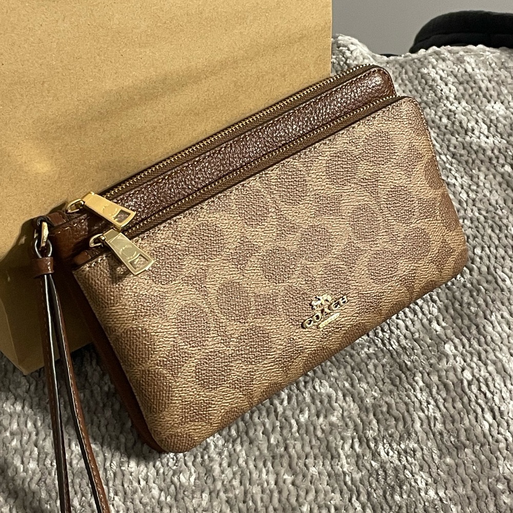 Coach Tan and Brown Signature Wristlet